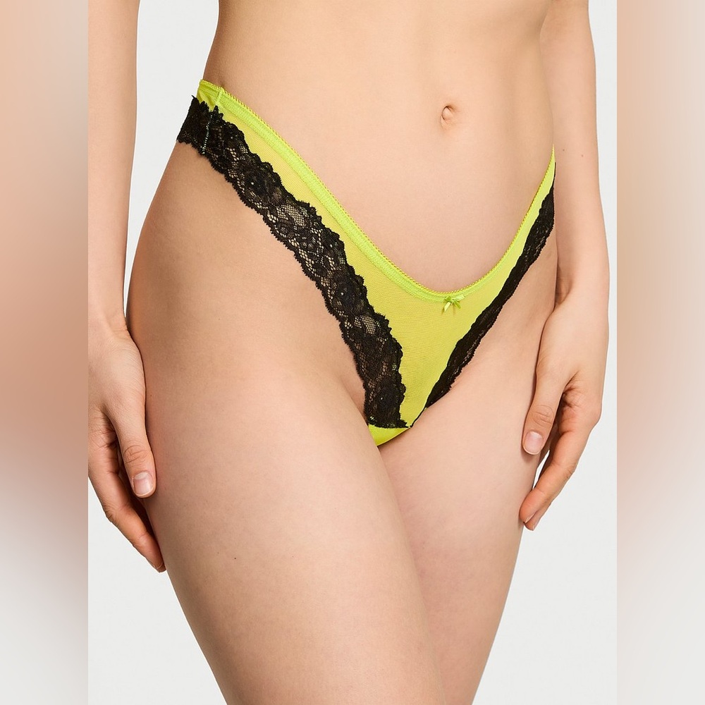 NWT Victoria’s Secret Very Sexy Mesh Lace-Trim High-Leg Thong Limelight Size XS